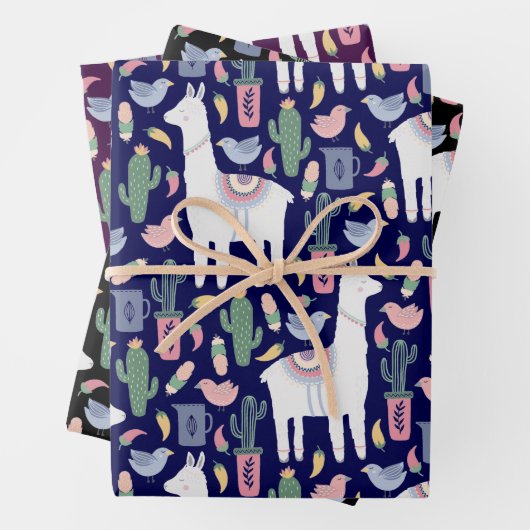 Cute Llama Whimsical Botanical Pattern Inpakpapier Vel (In situ)