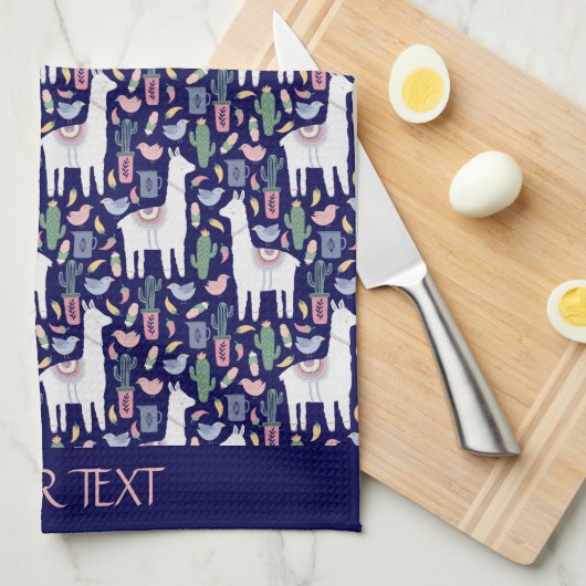 Cute Llama Whimsical Botanical Pattern Theedoek (Quarter Fold)