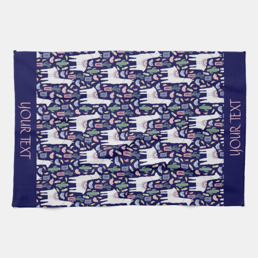 Cute Llama Whimsical Botanical Pattern Theedoek (Horizontaal)