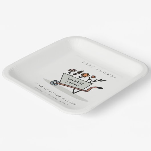 Cute locally Grown Gray Floral Cart Baby shower Papieren Bordje (Gebogen)