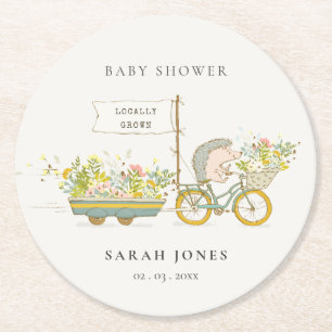 Cute lokaal gekweekte egel Flora Bike Baby shower Ronde Kartonnen Onderzetter
