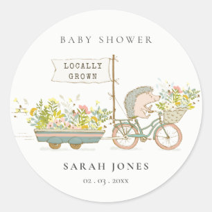 Cute lokaal gekweekte egel Flora Bike Baby shower Ronde Sticker