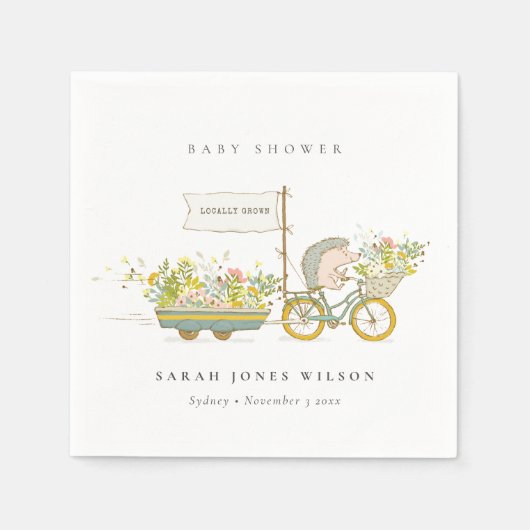 Cute lokaal gekweekte egel Flora Bike Baby shower Servet (Voorkant)