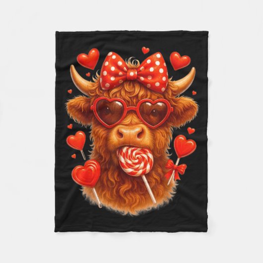 Cute Lollip Highland Cow Valentine's Day Red Heart Fleece Deken (Voorkant)