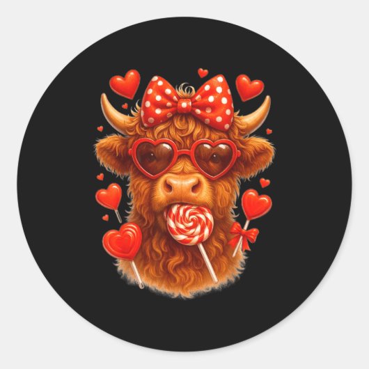Cute Lollip Highland Cow Valentine's Day Red Heart Ronde Sticker (Voorkant)