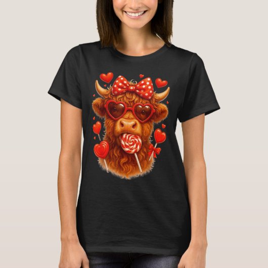 Cute Lollip Highland Cow Valentine's Day Red Heart T-shirt (Voorkant)