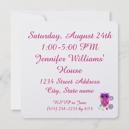 Cute Lollipop Owl Aangepaste uitnodiging voor verj (Achterkant)