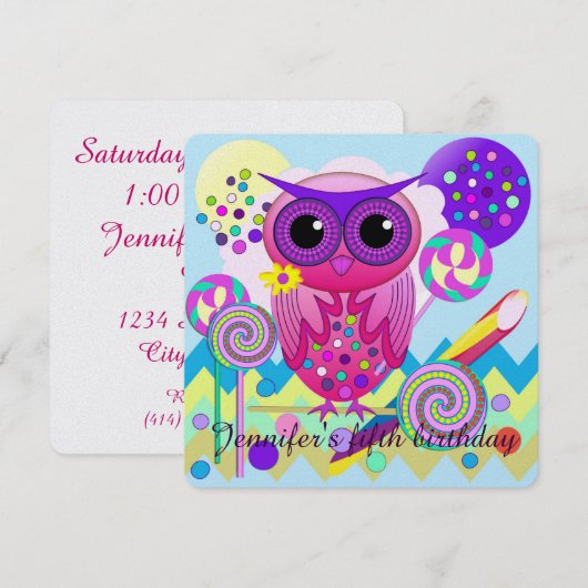 Cute Lollipop Owl Aangepaste uitnodiging voor verj (Voorkant / Achterkant)