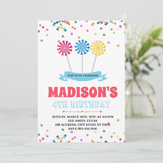 Cute lollipop verjaarfeest uitnodiging (Staand voorkant)