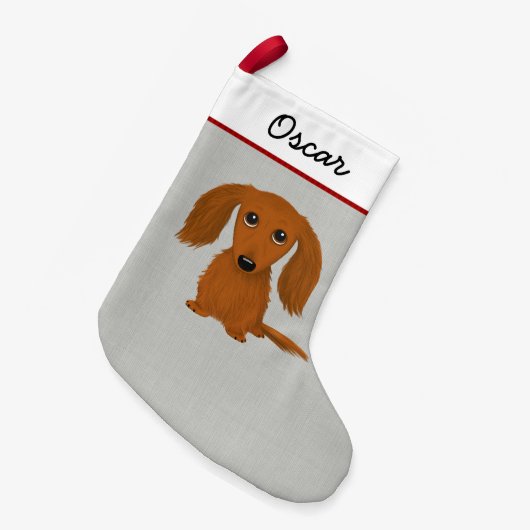 Cute Long Haire Red Dachshund Cartoon Dog Custom Kleine Kerstsok (Voorkant (Hangend))