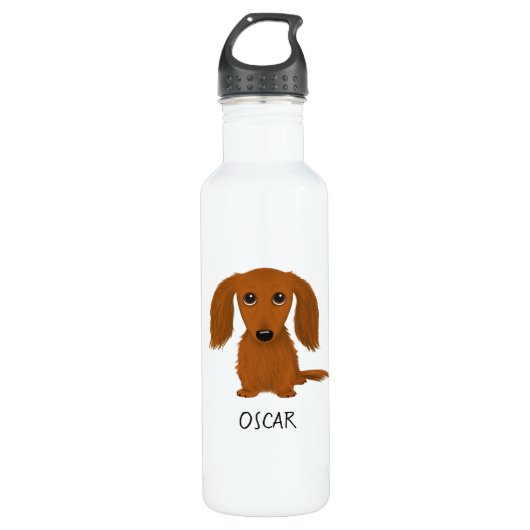 Cute Long Haire Red Dachshund met aangepaste tekst Waterfles (Voorkant)