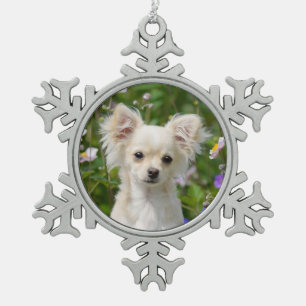 Cute long-haring crème Chihuahua Dog Puppy Photo * Tin Sneeuwvlok Ornament