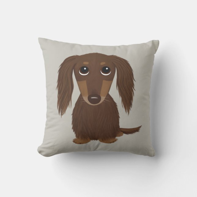 Cute Longhaire Chocolate Brown Dachshund Dog Kussen (Voorkant)
