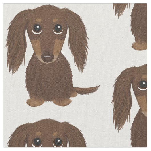 Cute Longhaire Chocolate Brown Dachshund Pattern Stof (Close Up)
