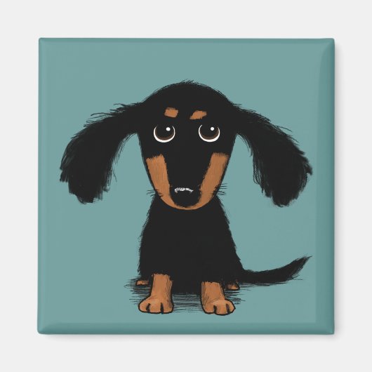 Cute Longharing Black en Tan Dachshund Puppy Dog Magneet (Voorkant)
