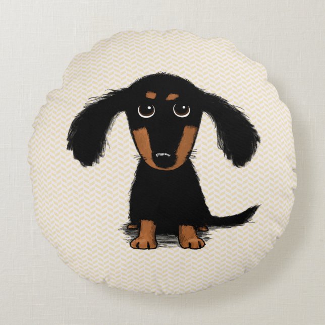 Cute Longharing Black en Tan Dachshund Puppy Dog Rond Kussen (Voorkant)