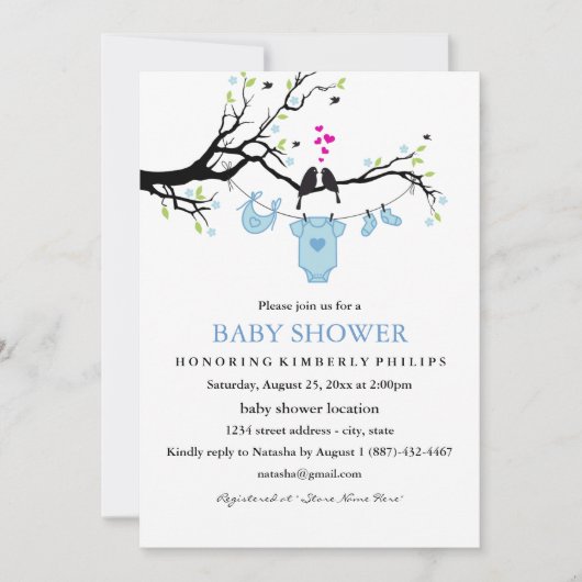 Cute Love Birds Jongens Baby Shower Uitnodiging (Voorkant)