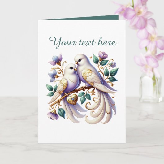 Cute love birds Wedding add text Kaart (Orchidee)