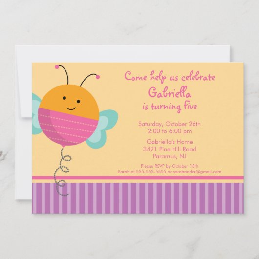 Cute Love bug Bumble Bee Birthday Party Invitation Kaart (Voorkant)