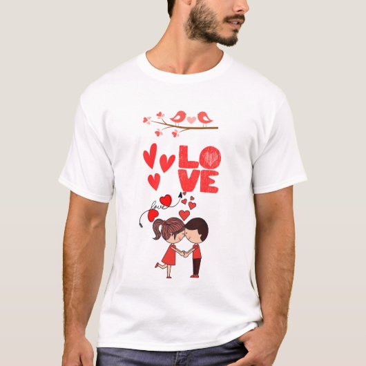 Cute Love Couple Illustration with Hearts T-shirt (Voorkant)