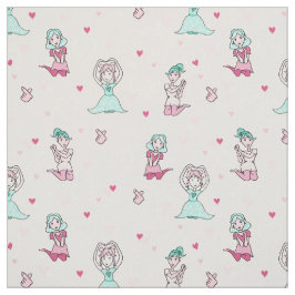 Cute Love Girls Pink Blauwgroen Whimsical Cartoon Stof