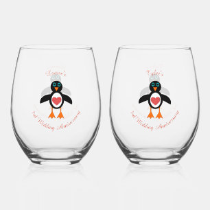 Cute Love Hart Pinguïn Aangepaste 3e Trouwdag Wijnglas Zonder Voet