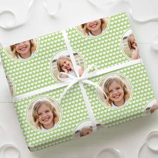 Cute Love Heart 2 Photo Pretty Green Pattern Cadeaupapier