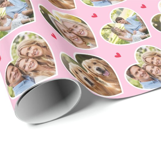 Cute Love Heart 4 Photo Elegant Pink Pattern Cadeaupapier (Rol Hoek)