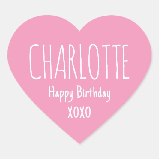 Cute Love Heart Custom Text Name Pink Birthday Hart Sticker (Voorkant)