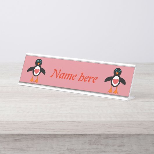 Cute Love Heart Penguin Bureau Naambordje (Voorkant)