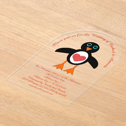 Cute Love Heart Penguin Custom Wedding Acryl Uitnodigingen (Laagn)