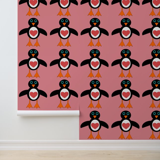 Cute Love Heart Penguin Patterned Behang (Applicatie)