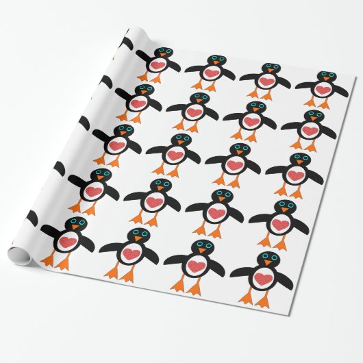 Cute Love Heart Penguin Wrapping Paper Cadeaupapier (Uitgerold)