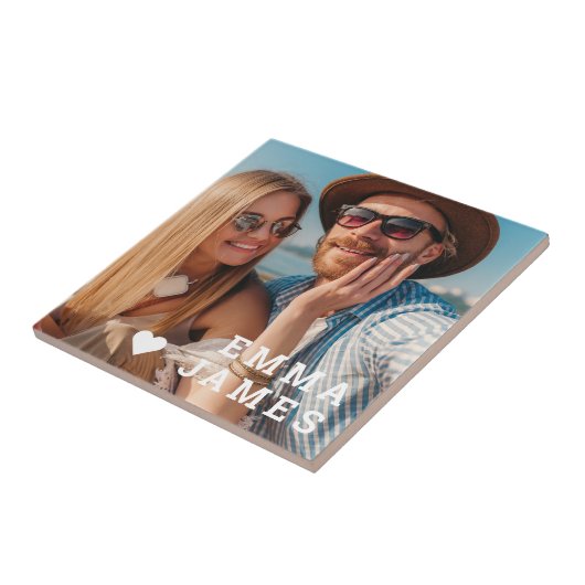 Cute Love Heart Photo Couples Personalized Names Tegeltje (Zijkant)