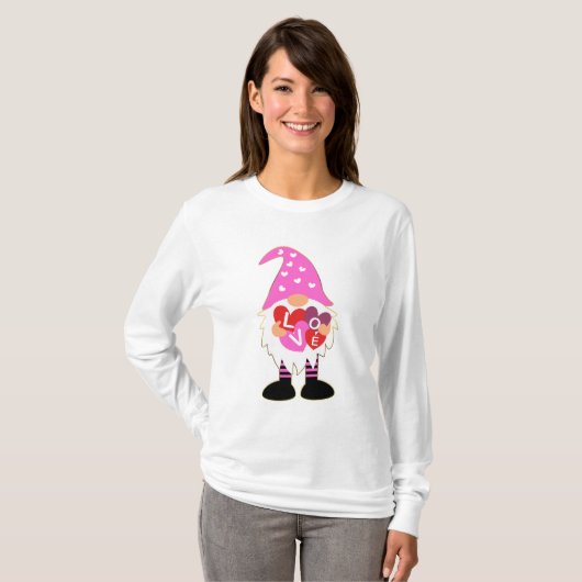 Cute LOVE Pink Heart Valentijn Gnome T-shirt (Voorkant volledig)
