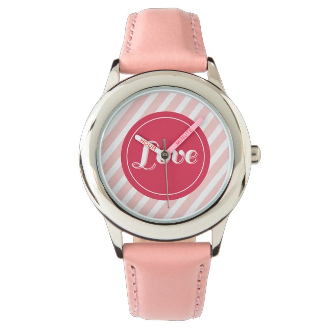Cute Love Red Circle Roze Stripes Girly Valentijn Horloge (Voorkant)