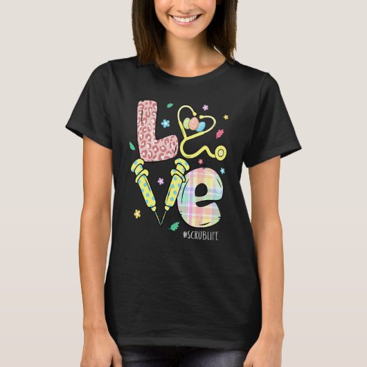 Cute Love Scrub Life Neurses Stethoscoop Leopard E T-shirt (Voorkant)