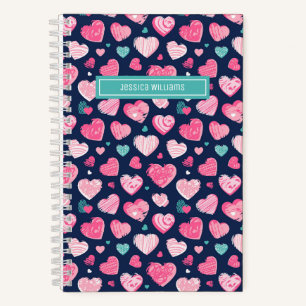 Cute Love Sweet Heart Pattern Navy Blue Pink Notitieboek