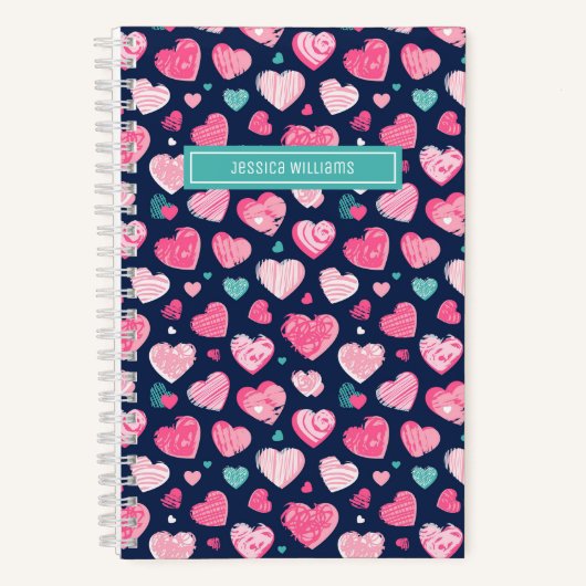 Cute Love Sweet Heart Pattern Navy Blue Pink Notitieboek (Voorkant)