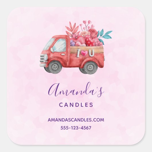 Cute Love Truck Carft Hearts & Flowers Business Vierkante Sticker (Voorkant)