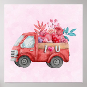 Cute Love Truck Carrying Hearts & Flowers Poster