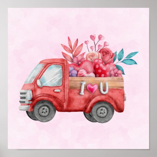 Cute Love Truck Carrying Hearts & Flowers Poster (Voorkant)