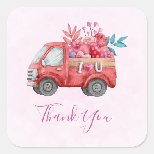 Cute Love Truck Hearts & Flowers Cargo Hartelijk d Vierkante Sticker (Voorkant)