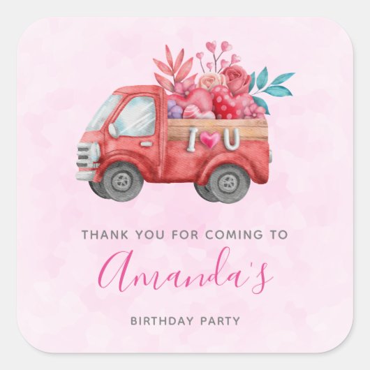 Cute Love Truck met hartvracht Birthday Vierkante Sticker (Voorkant)