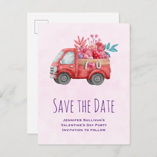 Cute Love Truck met Heart Cargo Save the Date Uitnodiging Briefkaart (Voorkant / Achterkant)