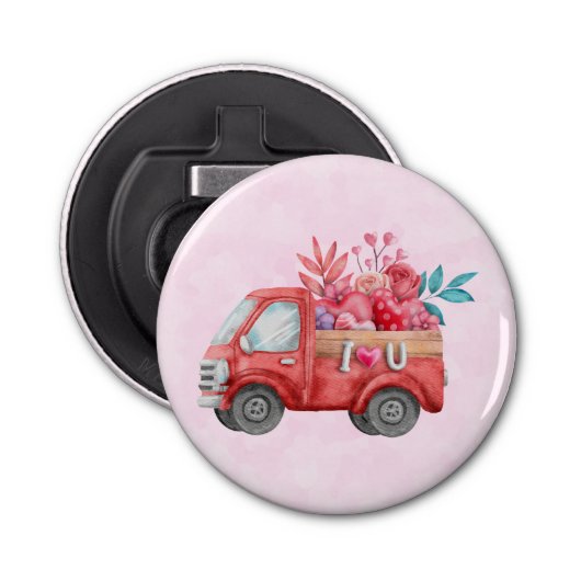 Cute Love Truck met Heart Cargo Waterverf Button Flesopener (Voorkant)