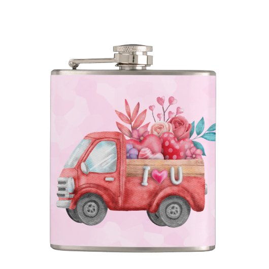 Cute Love Truck met Heart Cargo Waterverf Heupfles (Voorkant)