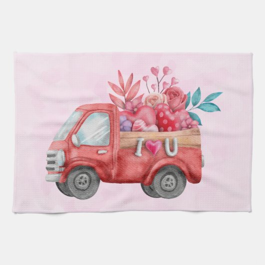 Cute Love Truck met Heart Cargo Waterverf Theedoek (Horizontaal)