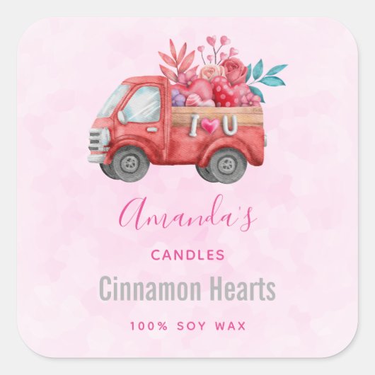 Cute Love Truck met Hearts & Flowers Candle Biz Vierkante Sticker (Voorkant)