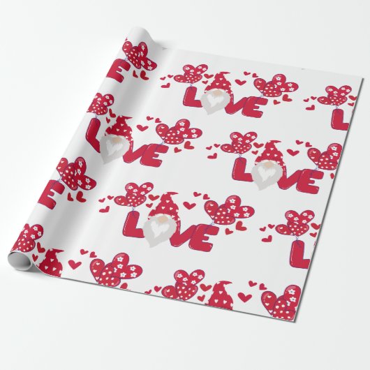 Cute love Valentijnsdag Gnome Red Wrapping Cadeaupapier (Uitgerold)